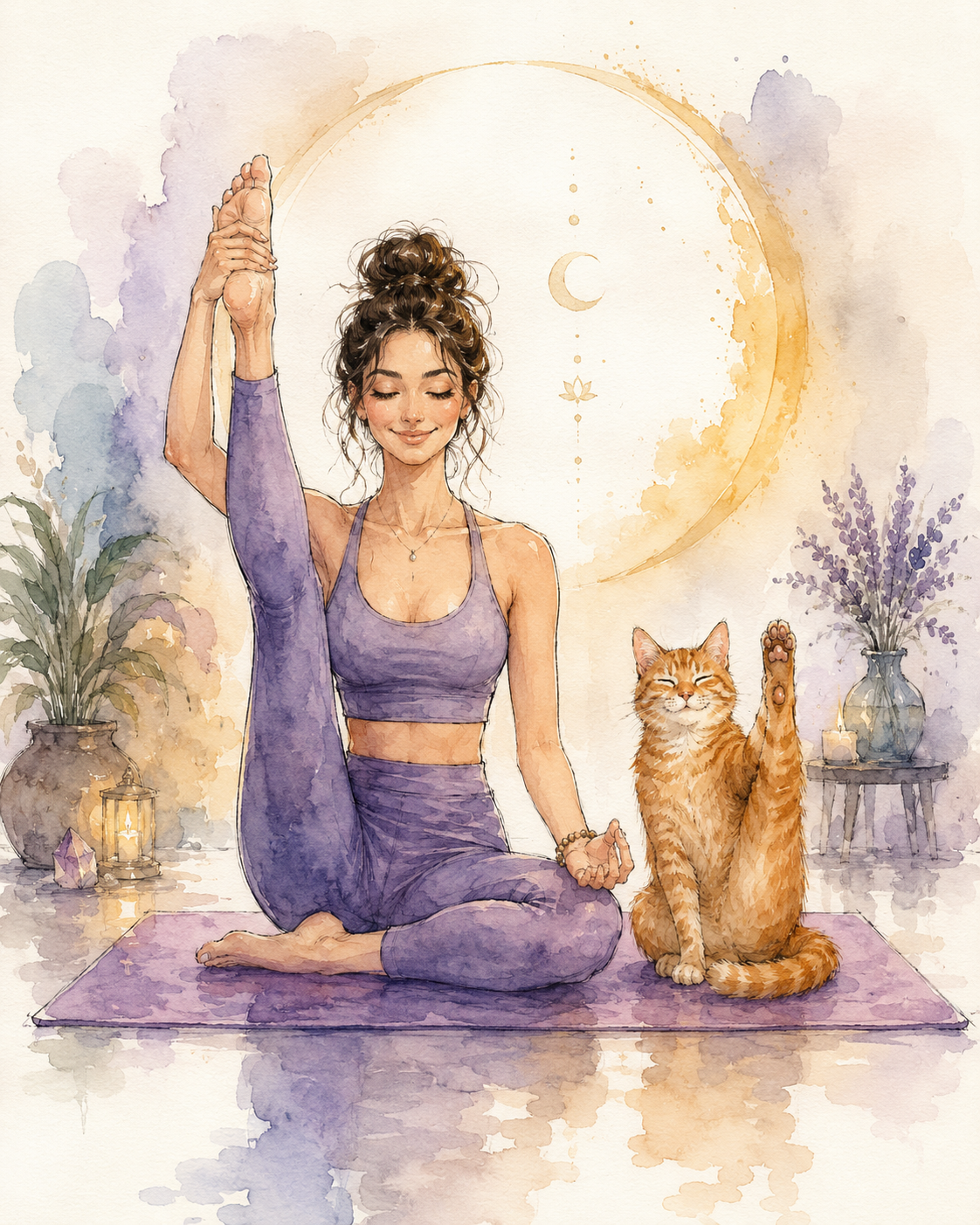 [Soft watercolor illustration of a woman practicing yoga, with a happy orange tabby cat mimicking her stretch pose beside ...