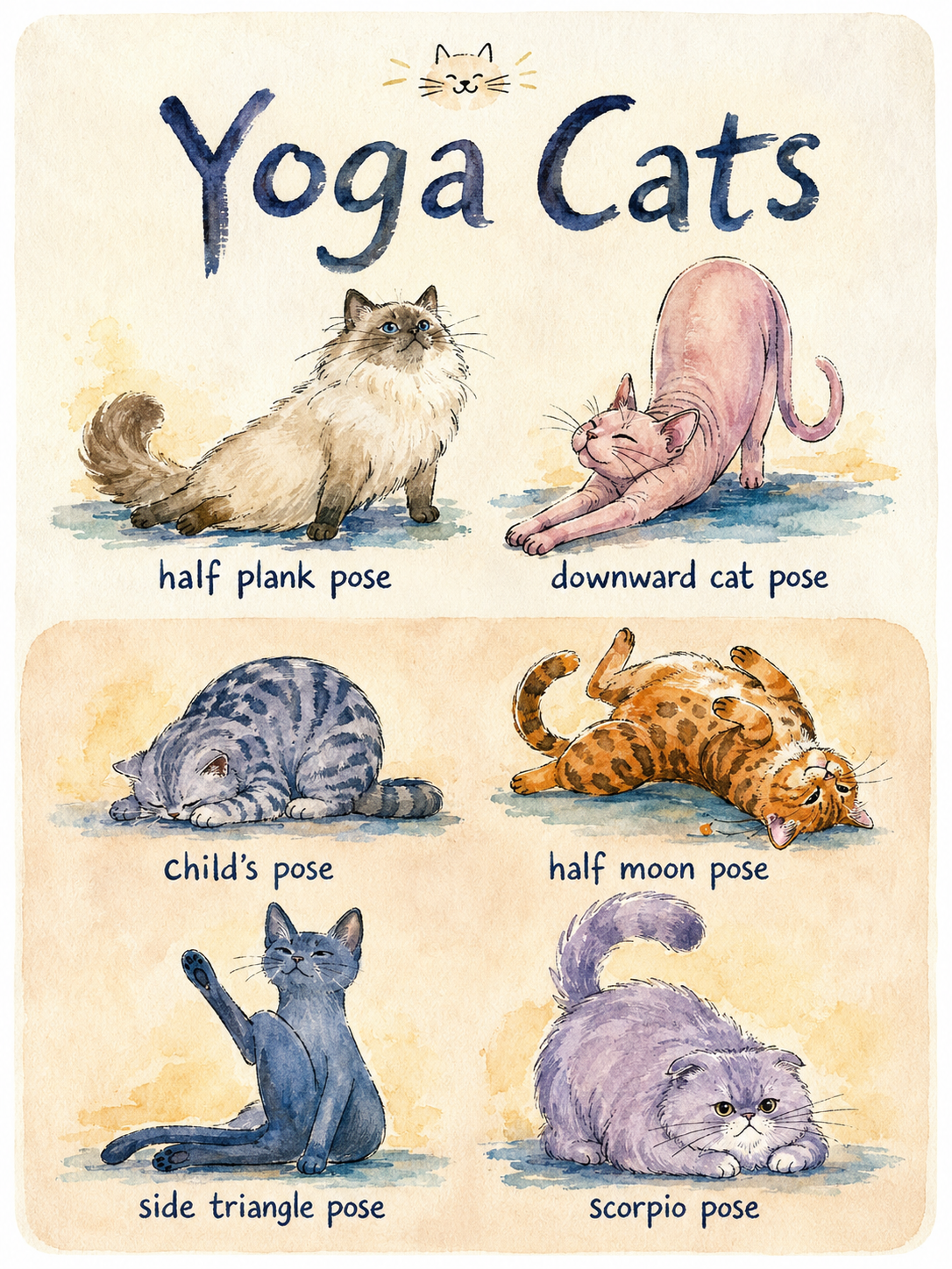 [Watercolor "Yoga Cats" poster showing 6 adorable illustrated cats demonstrating playful pun-named yoga poses on a warm vi...