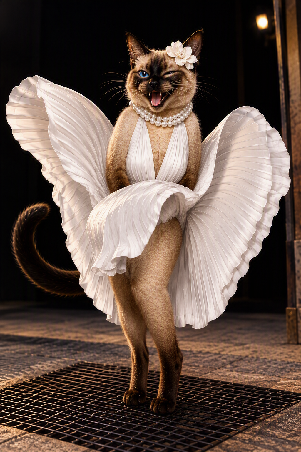 Playful Siamese cat recreates the iconic Marilyn Monroe skirt pose, wearing a white pleated dress and pearl necklace.
