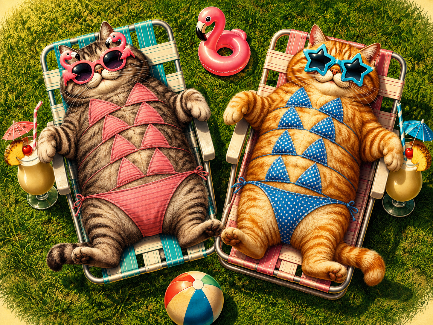 [Two chonky tabby cats in bikinis and novelty sunglasses lounge side-by-side on lawn chairs surrounded by summer accessori...