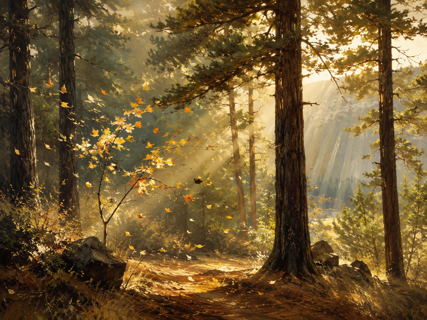 Golden sunbeams stream through a pine forest past falling autumn leaves along a dirt woodland hiking trail.