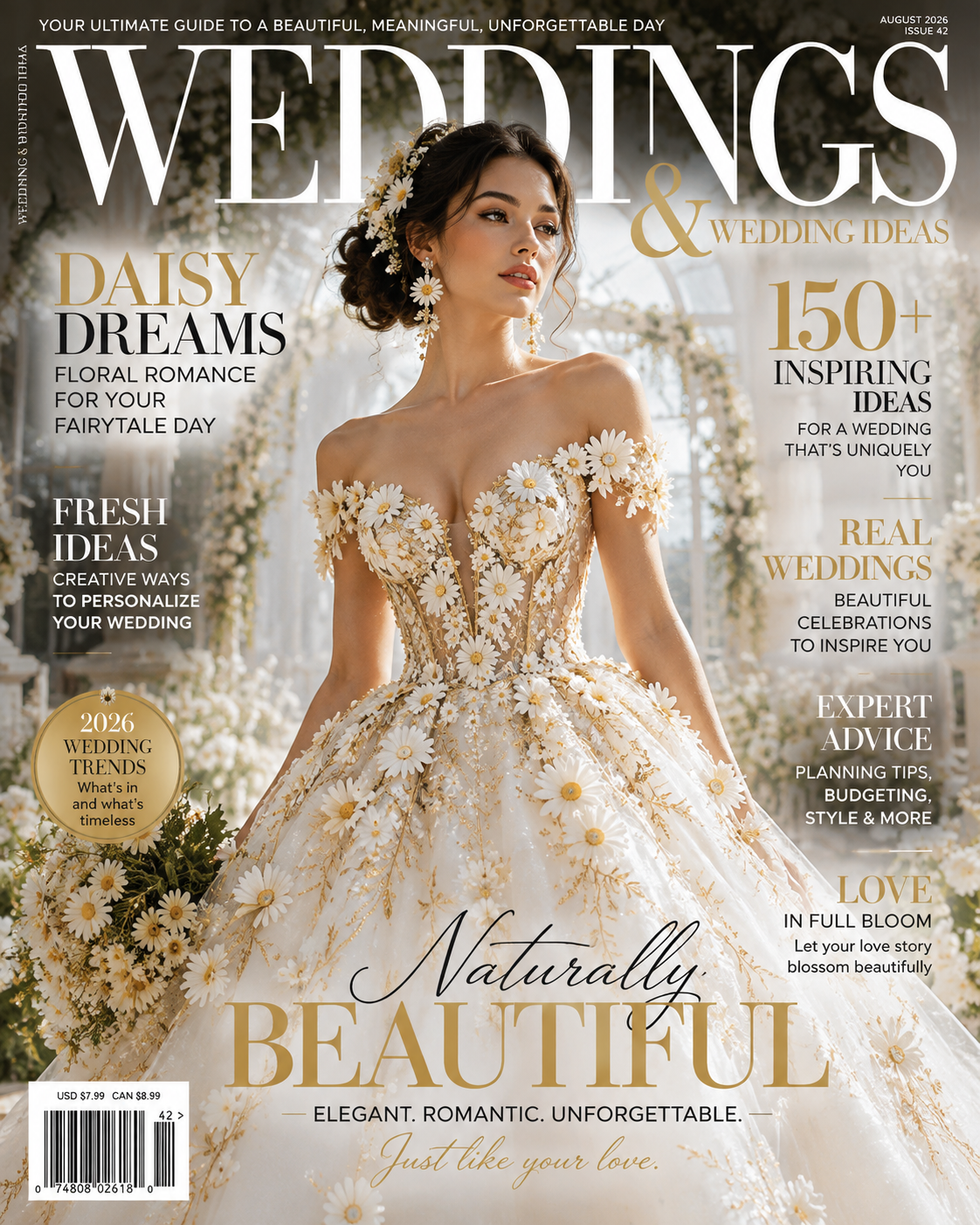 [Weddings magazine cover featuring a bride in an ornate daisy applique off-shoulder wedding ballgown in a sunlit floral gr...