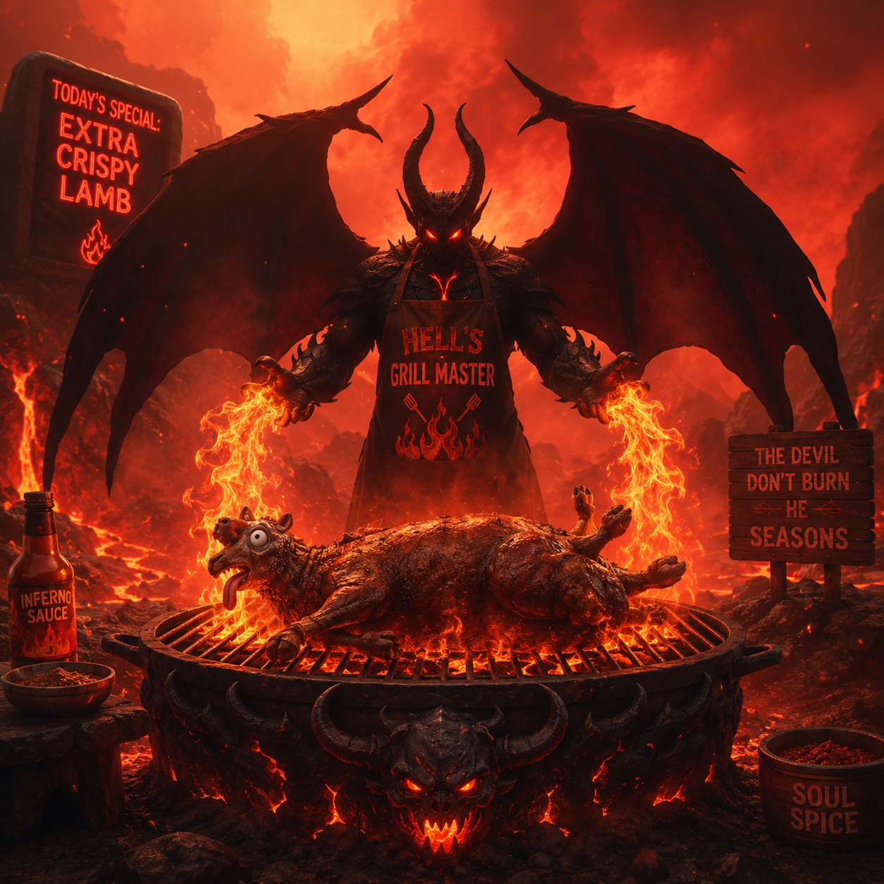 Winged horned "Hell's Grill Master" demon cooks crispy lamb over a flaming grill in a fiery lava-filled hellscape.