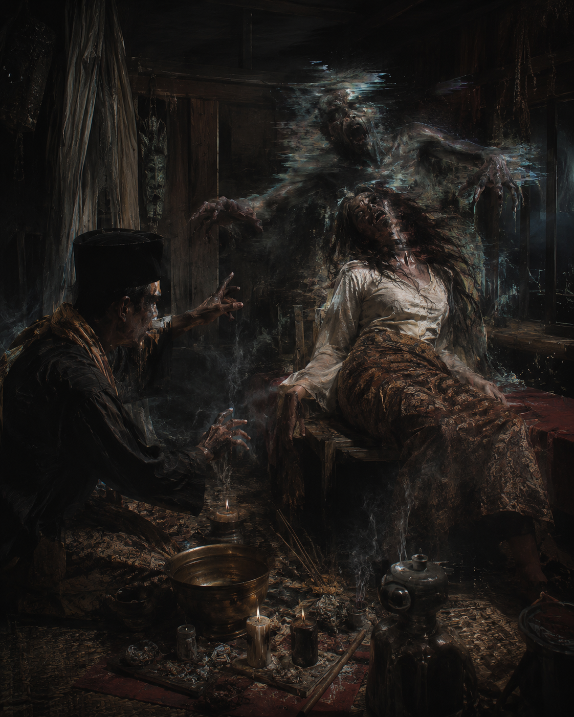 Dark horror painting of a shaman performing an exorcism on a possessed woman, with a looming translucent demon spirit in a...