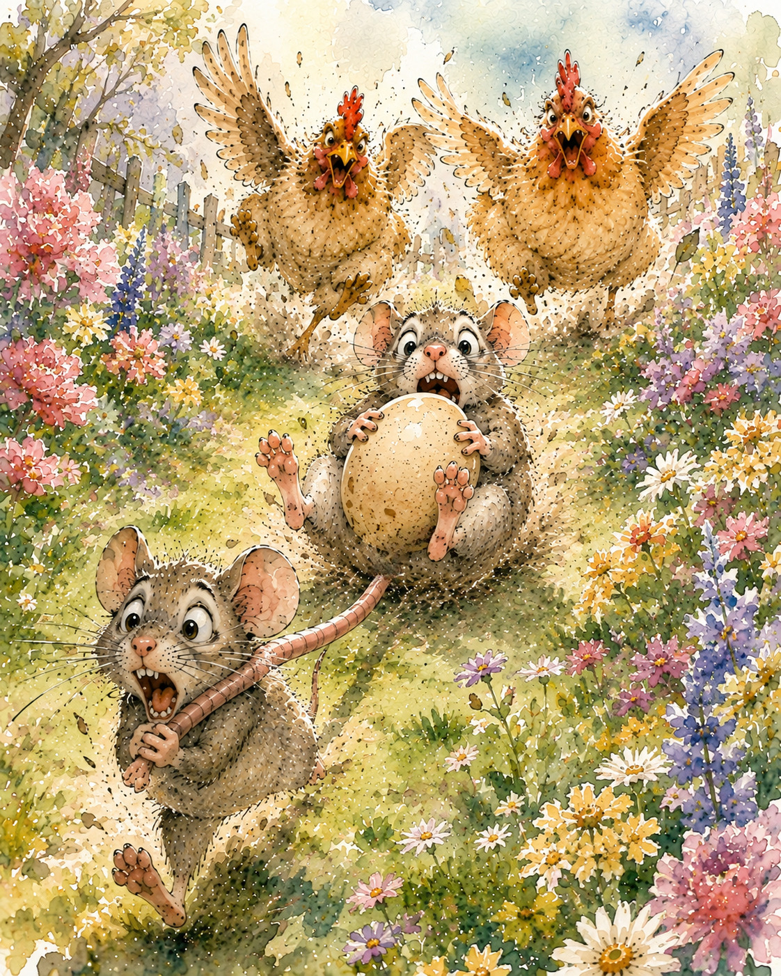 [Whimsical watercolor illustration of panicked mice fleeing angry flapping hens, one holding a stolen egg, through a sunli...