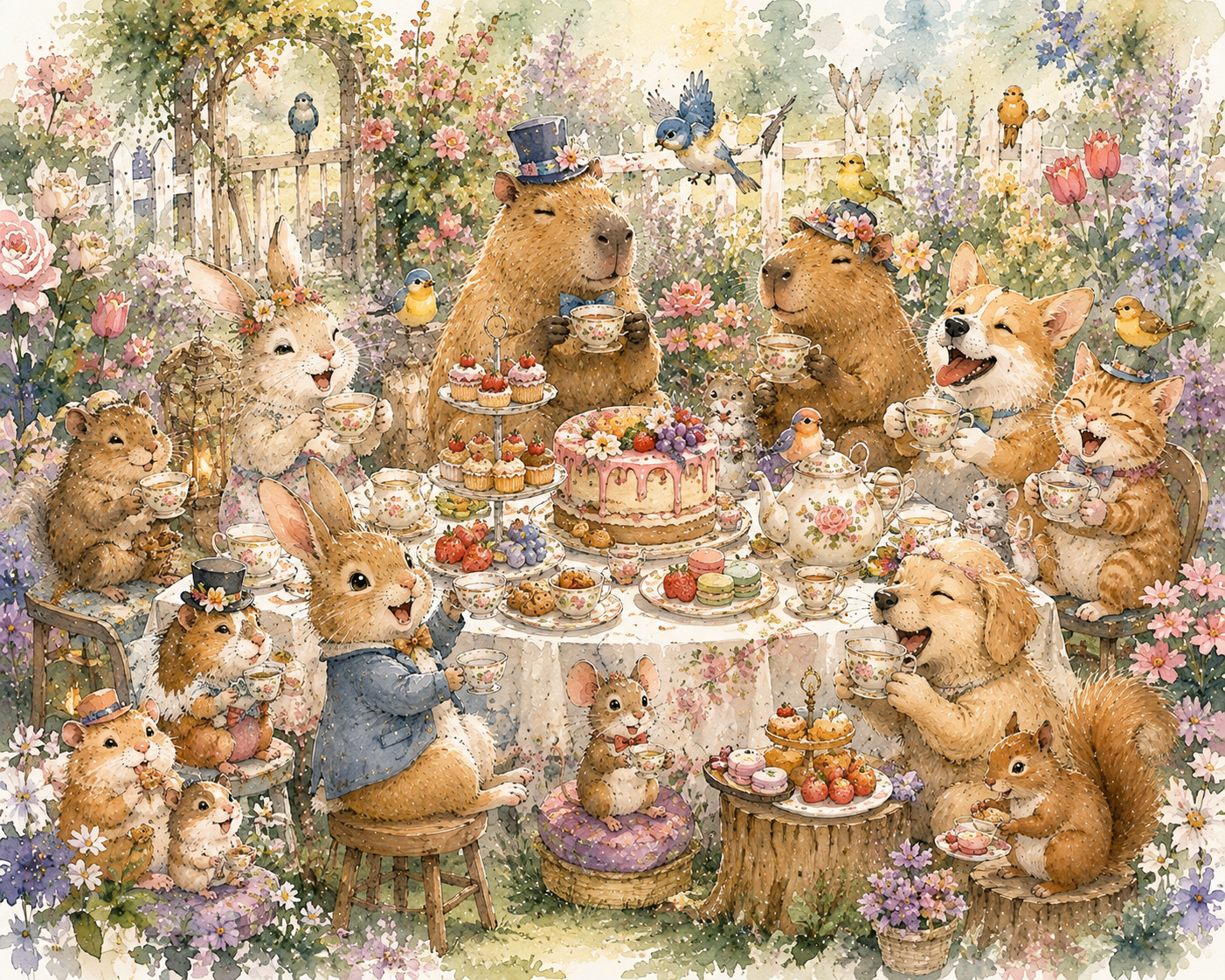 [Whimsical watercolor of cute anthropomorphic animals gathering for a festive garden afternoon tea party with treats and t...