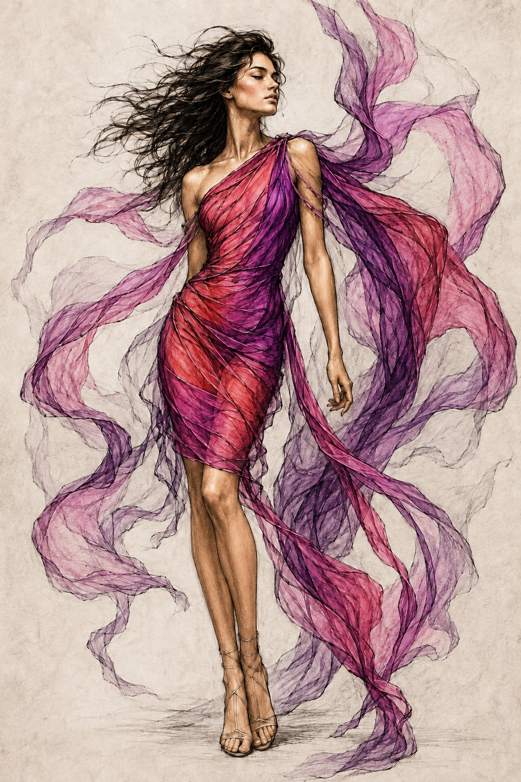 Elegant fashion illustration of a woman in a flowing sheer pink-purple gown with wind-blown dark hair