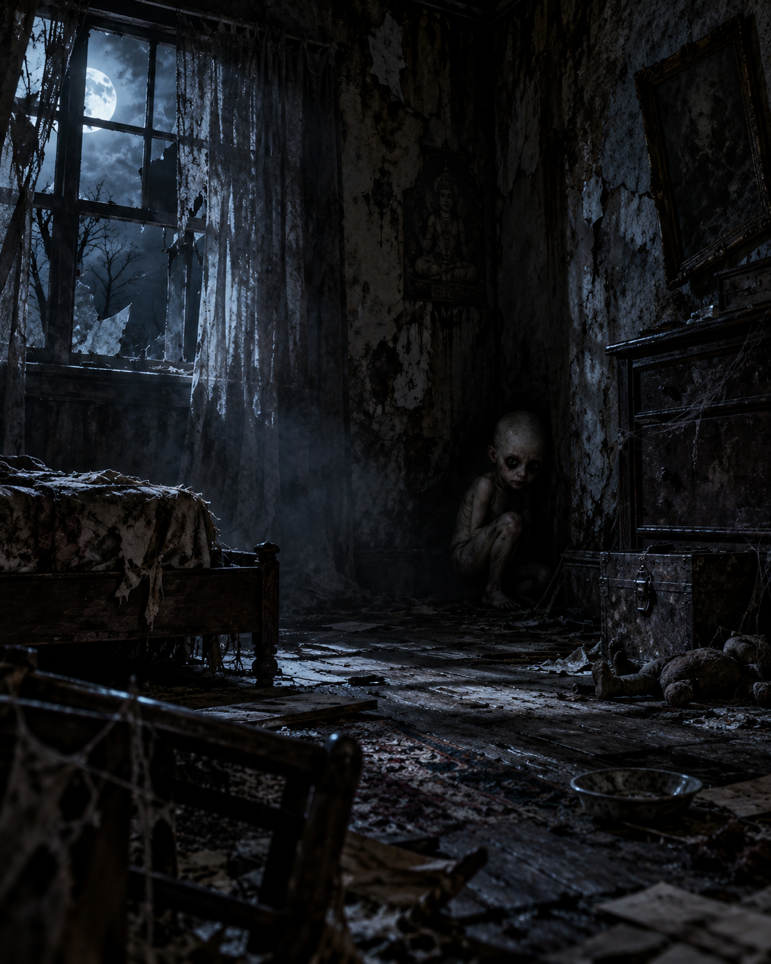 [Unsettling gaunt ghost child crouches in the corner of a decayed abandoned bedroom lit by full moonlight through a broken...