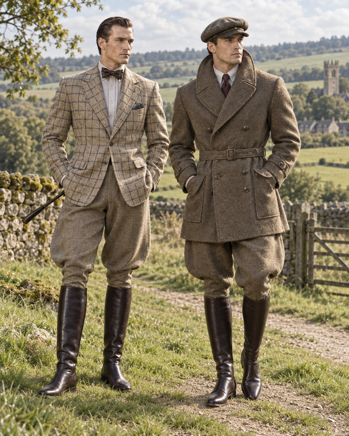 Two men in vintage early 20th century tweed country attire stand on a dirt path in a rolling English countryside landscape.
