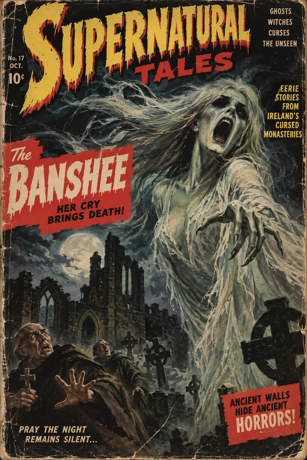 Vintage horror comic cover showing a screaming banshee looming over terrified monks in a moonlit graveyard