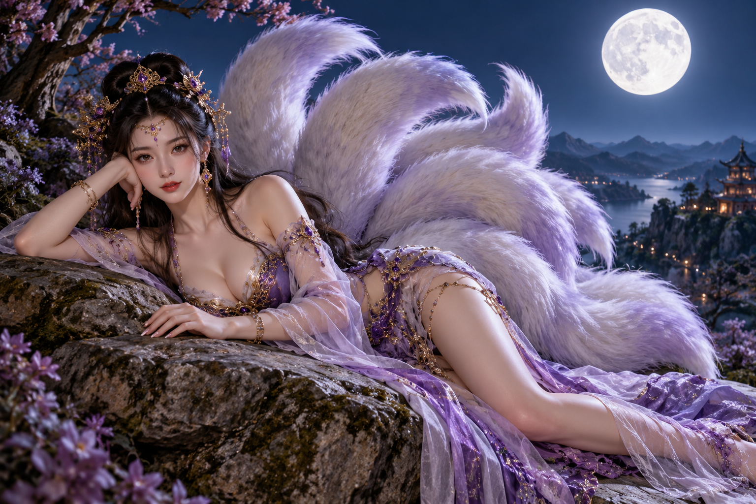 Ethereal nine-tailed fox spirit reclines on a mossy cliff rock beneath a glowing full moon