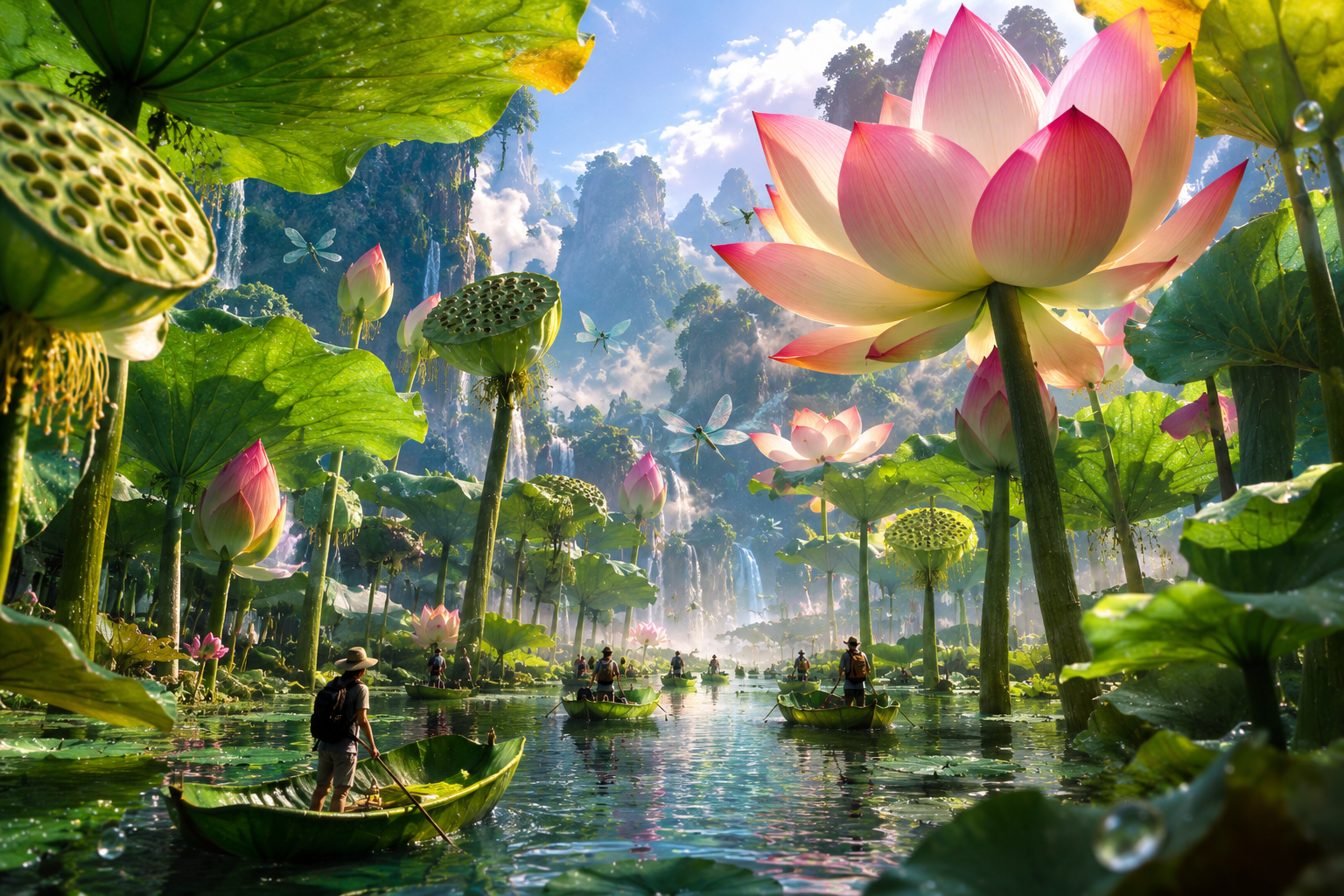 Tiny explorers in leaf boats navigate a magical giant lotus swamp beneath misty mountain waterfalls
