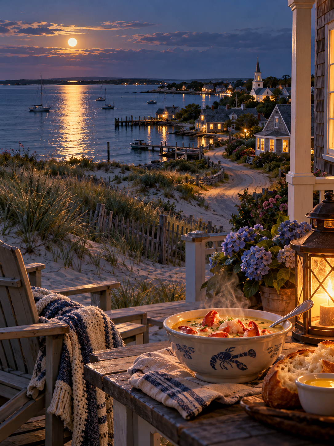 Steaming lobster chowder rests on a coastal porch overlooking a quiet New England harbor at moonrise