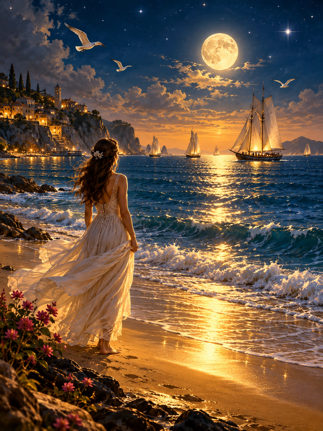 Woman in a flowing ivory gown stands barefoot on a moonlit beach watching sailing ships at twilight