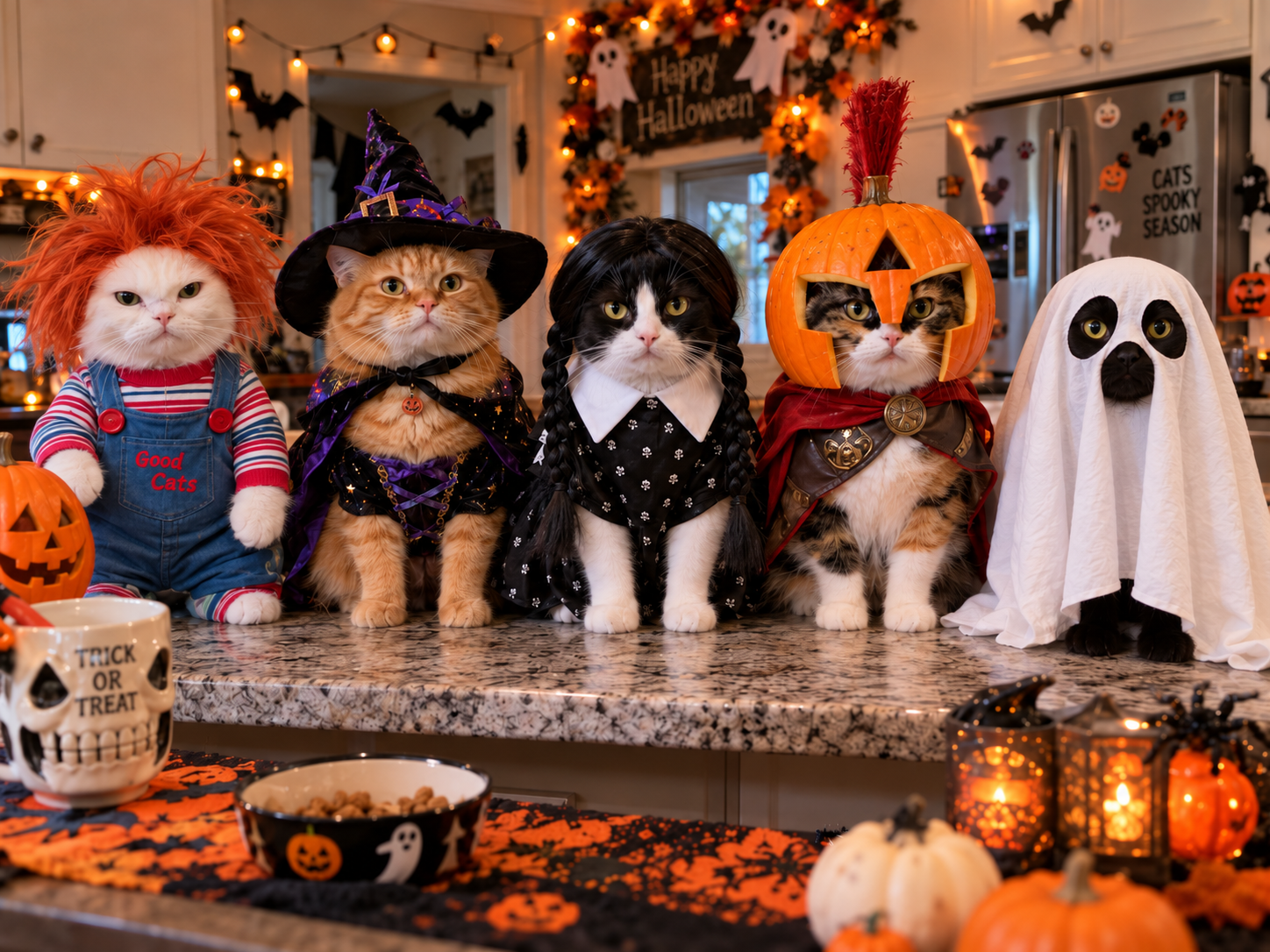 Five cats in playful Halloween costumes sit lined up on a festively decorated kitchen counter
