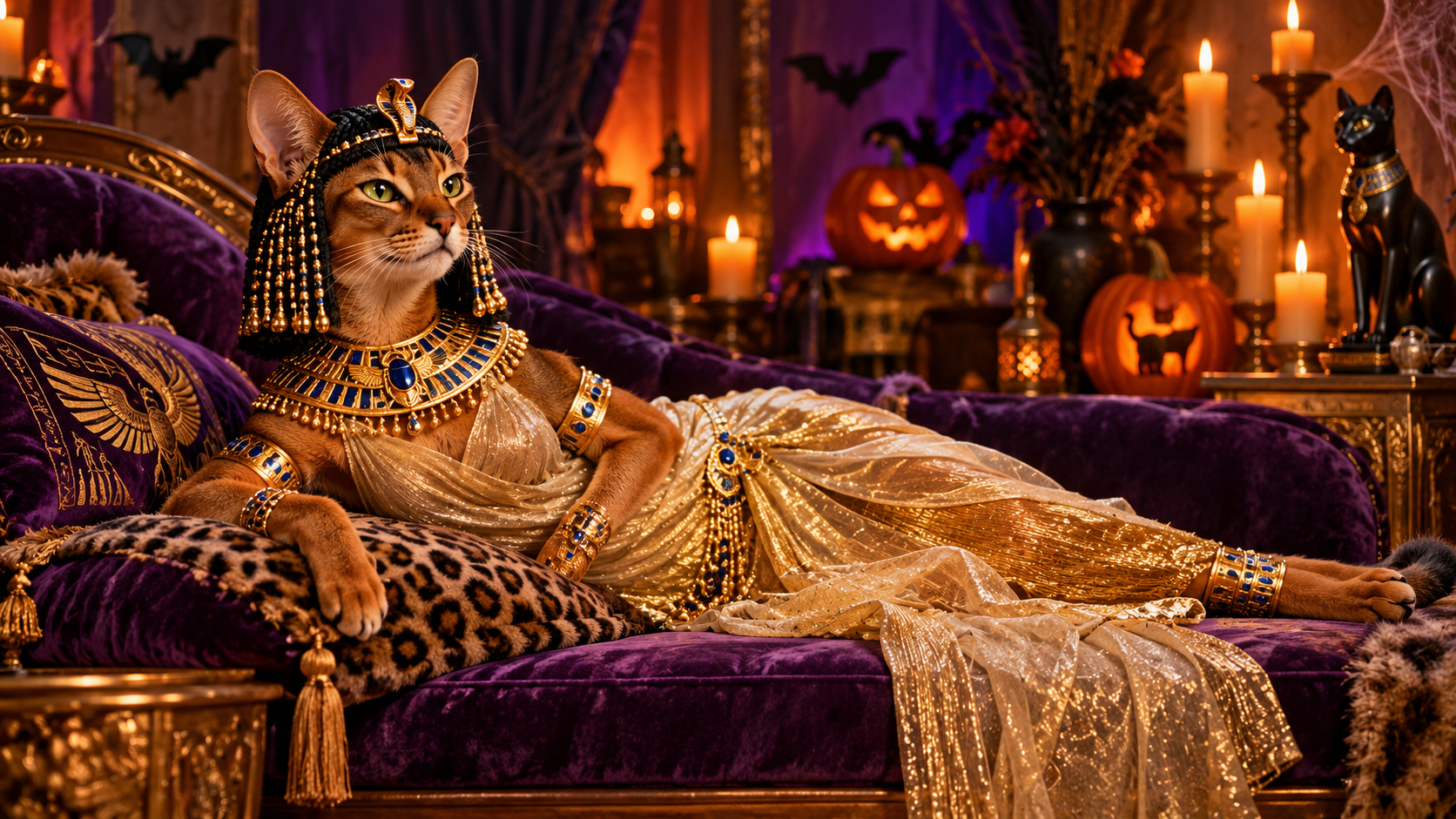 Anthropomorphic cat in Cleopatra Egyptian costume reclines on a purple chaise with Halloween decor