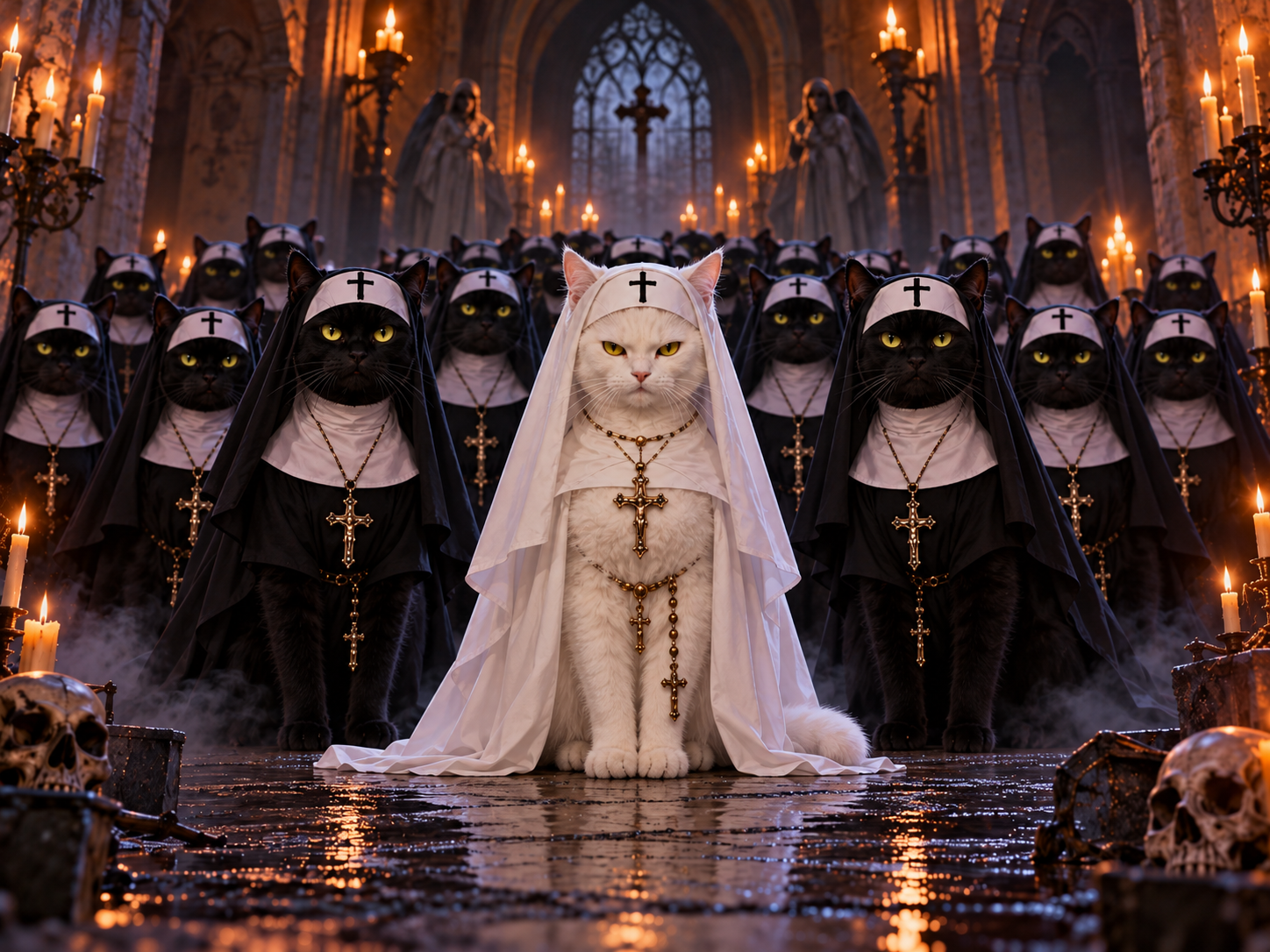 White cat nun leads a congregation of black cat nuns in a candlelit gothic cathedral