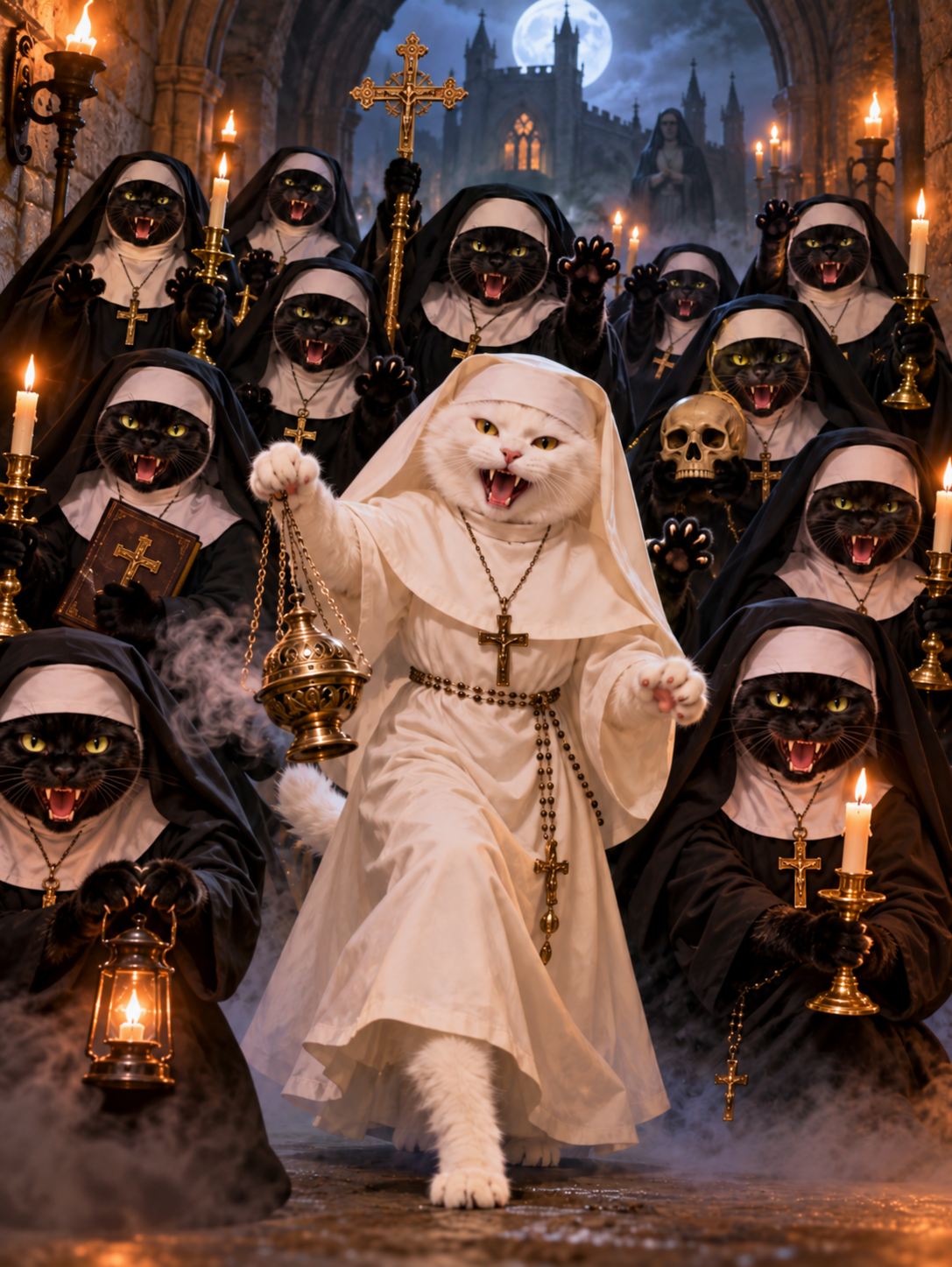 Procession of anthropomorphic cat nuns led by a white cat nun in a candlelit gothic abbey corridor