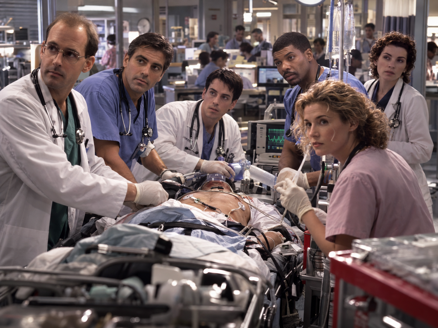 Group of ER doctors and nurses treating a critical trauma patient in a busy hospital emergency department