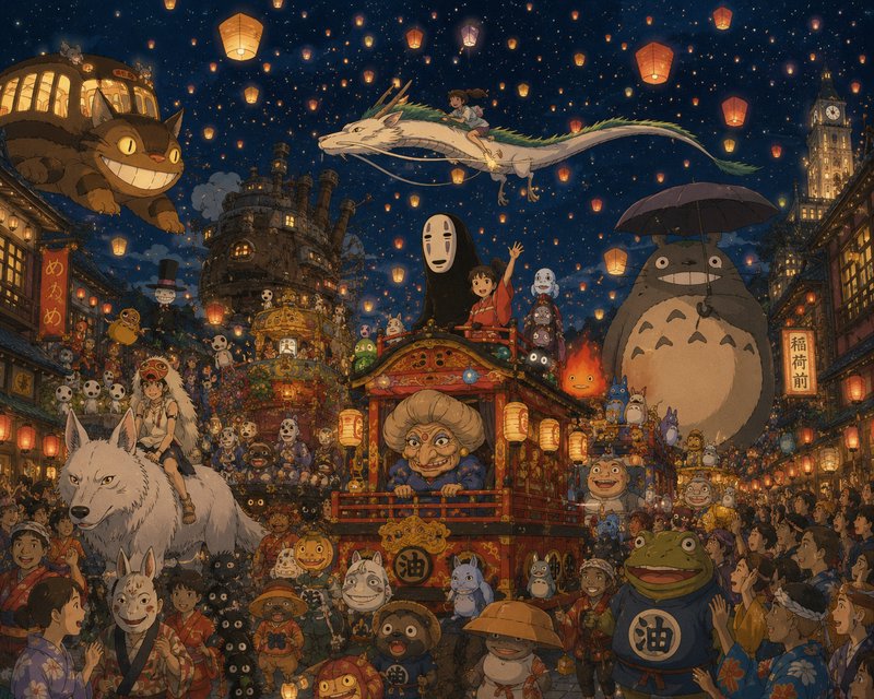 A vibrant anime-style festival scene filled with fantastical creatures, lanterns, and a floating dragon over a crowded