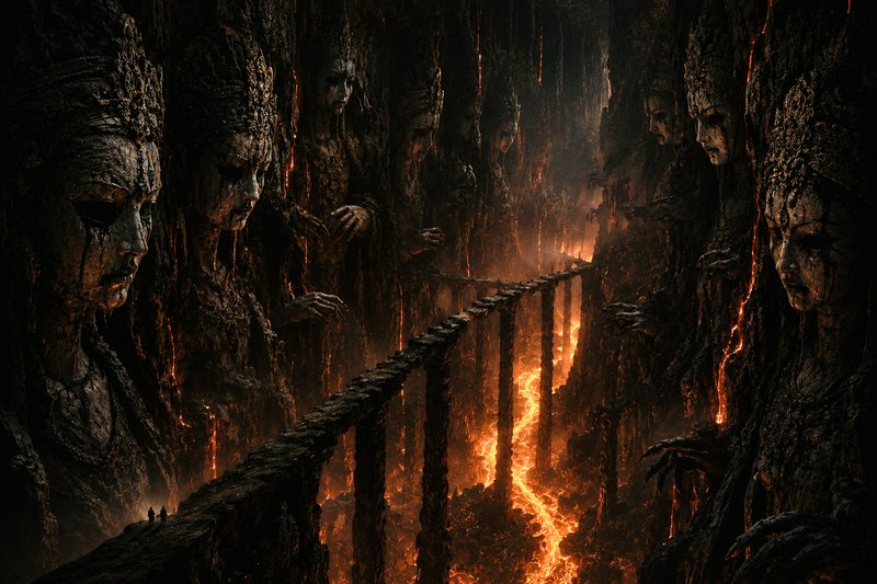 Dark cavern with lava river and towering stone statues along a narrow walkway.