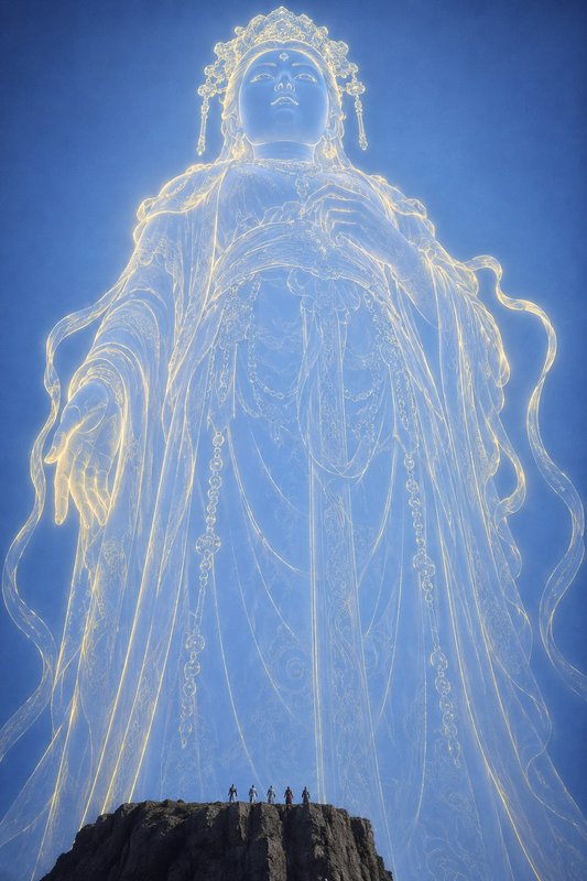 Large glowing statue of a bodhisattva (Guanyin) with ornate headdress, standing on a rock with tiny hikers at the base.