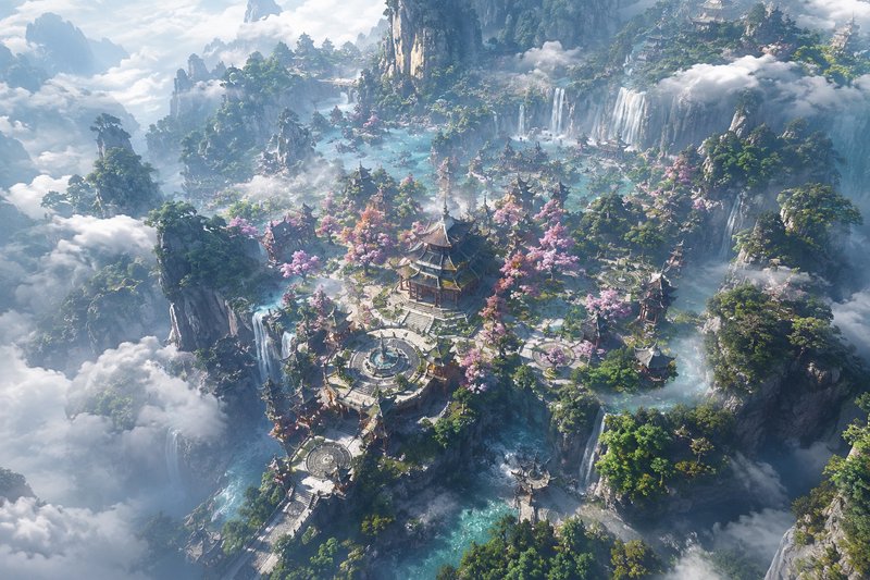 Fantasy floating island with a pagoda temple, pink blossoms, waterfalls, and misty clouds among rocky cliffs.