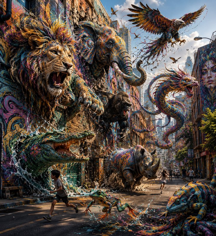 [Vibrant painted wild and mythical animals erupt from graffiti-covered city building walls onto a busy sunlit downtown str...