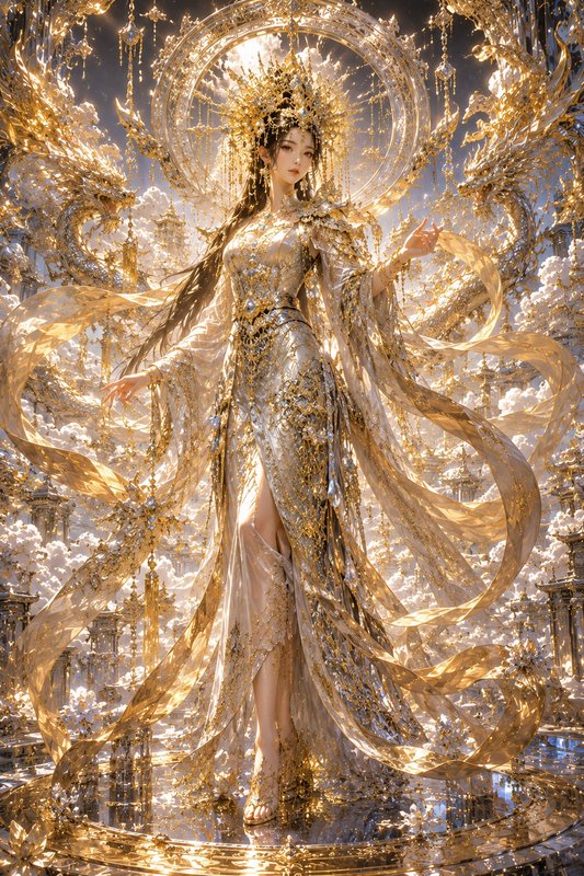 Ethereal golden celestial empress in ornate beaded gown, jeweled crown, flanked by golden dragons in a glowing heavenly