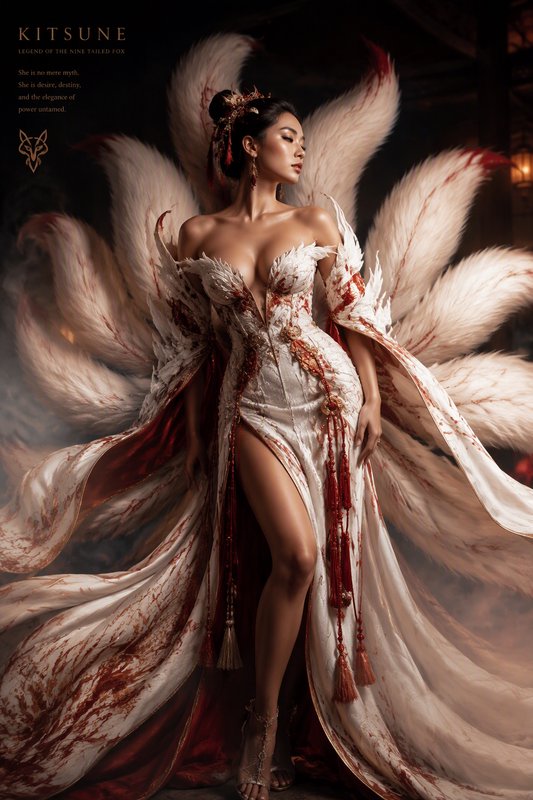 Elegant mythical kitsune nine-tailed fox spirit in an ornate white and red gown, with fluffy fanned tails and dramatic