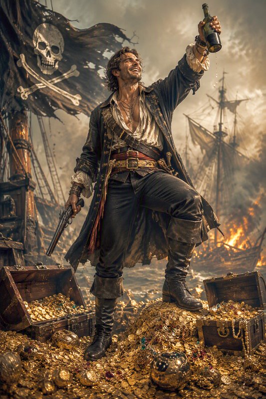Triumphant pirate celebrates atop a pile of gold treasure, tattered Jolly Roger flag flying above burning