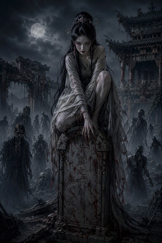 Pale vengeful East Asian ghost crouches on blood-streaked gravestone, undead horde under full moon near ruined temples
