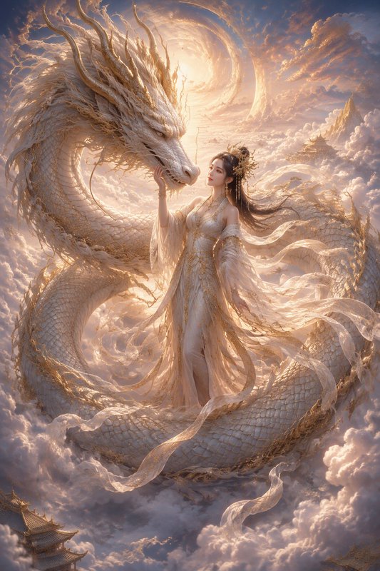 Ethereal celestial goddess gently touches a majestic golden-white eastern dragon above a glowing heavenly cloudscape.