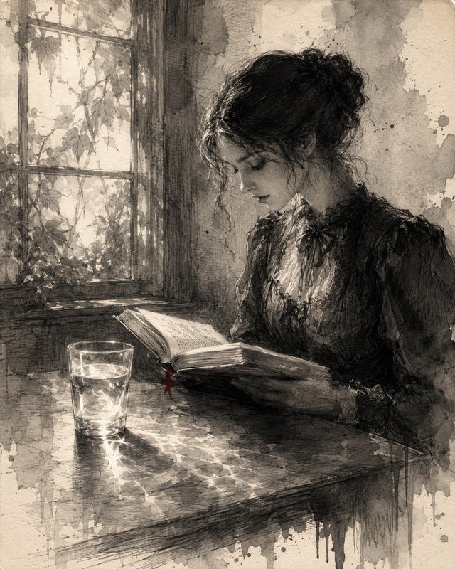 Monochrome ink sketch of a young Victorian woman reading an open book at a sunlit window table next to a glass of water