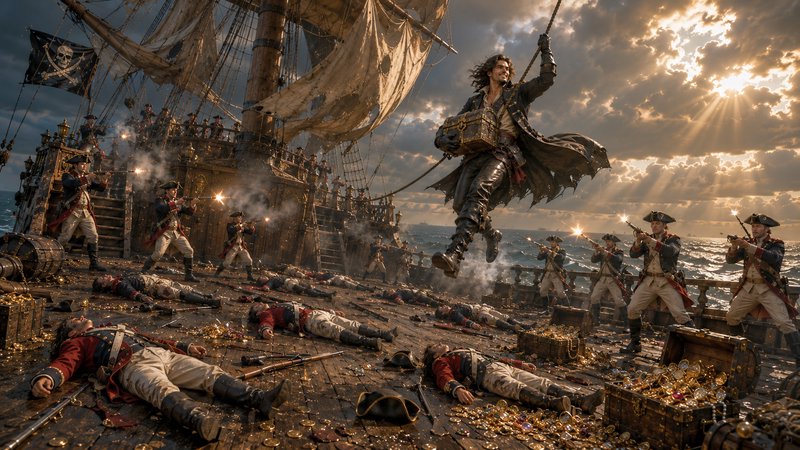 Pirate captain leaps holding a treasure chest across a battle-ravaged galleon deck as enemy soldiers fire during a