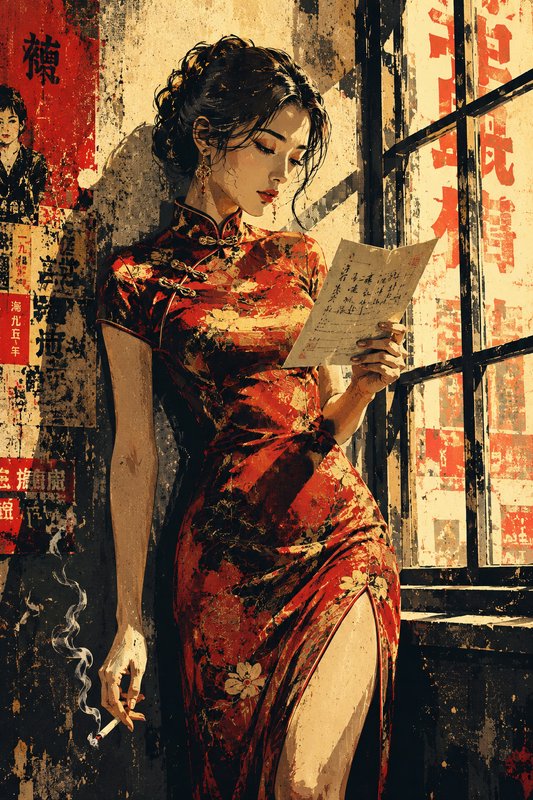 Elegant woman in red floral qipao reads a handwritten letter next to a sunlit window, vintage grunge illustration style.