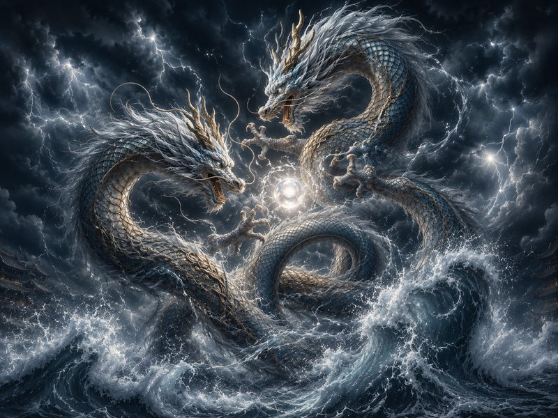 Two silver celestial Chinese dragons face off around a glowing pearl above roiling waves under a lightning-struck storm sky