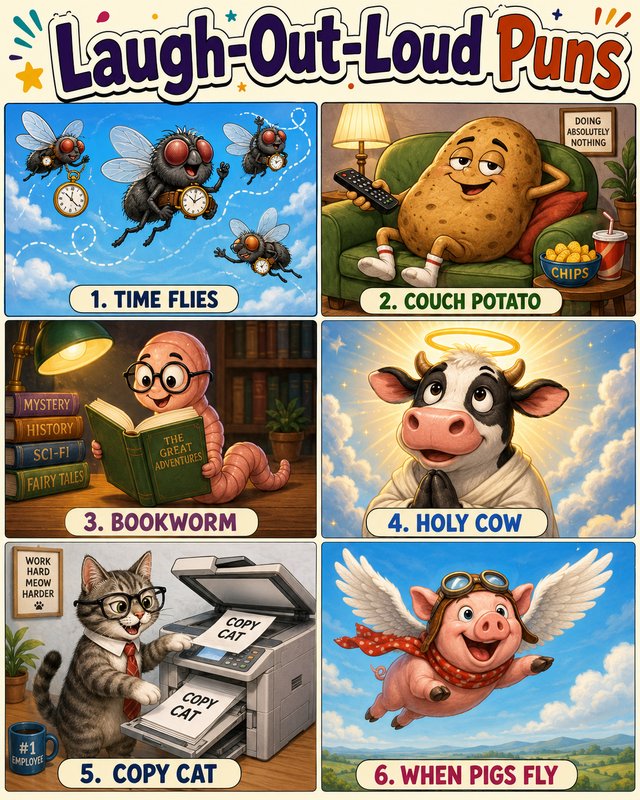 6-panel silly cartoon infographic titled Laugh-Out-Loud Puns illustrating common idioms as literal whimsical character art.