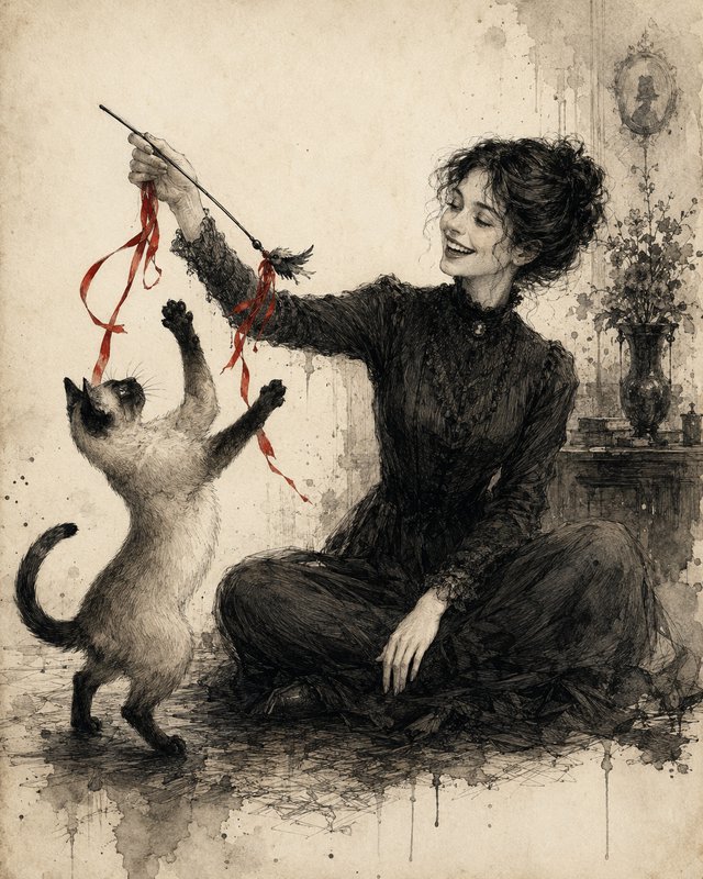 Sepia ink sketch of a smiling Edwardian woman playing with a standing Siamese cat using a ribboned feather wand toy.
