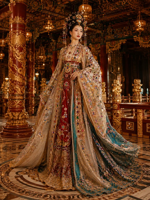 Regal Chinese empress in an elaborate jeweled imperial hanfu stands inside a richly gilded traditional palace hall