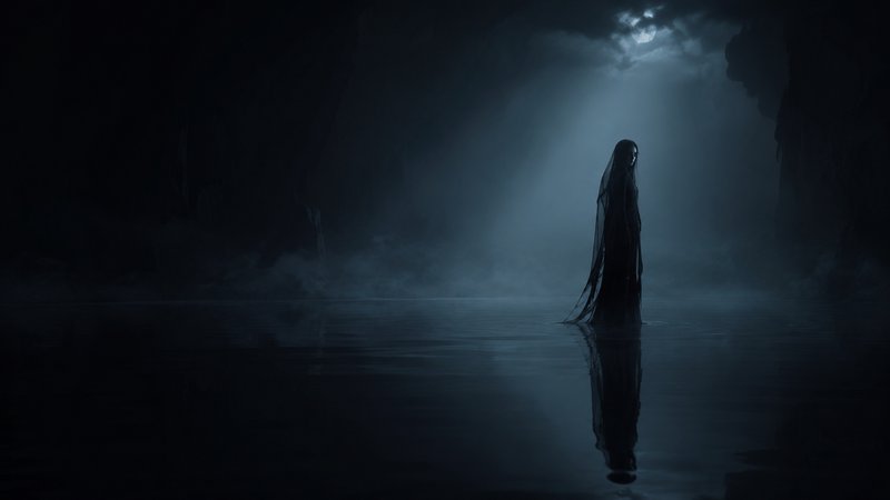 [Veiled ghostly female silhouette stands in still reflective cave water, lit by a single moonbeam through cloudy dark sky]