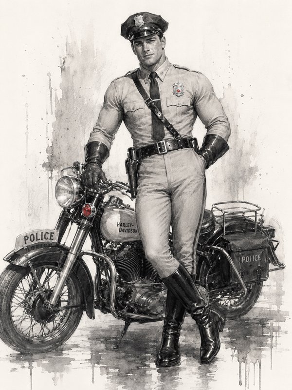 Monochrome ink illustration of a muscular vintage motorcycle police officer leaning on a classic Harley-Davidson patrol