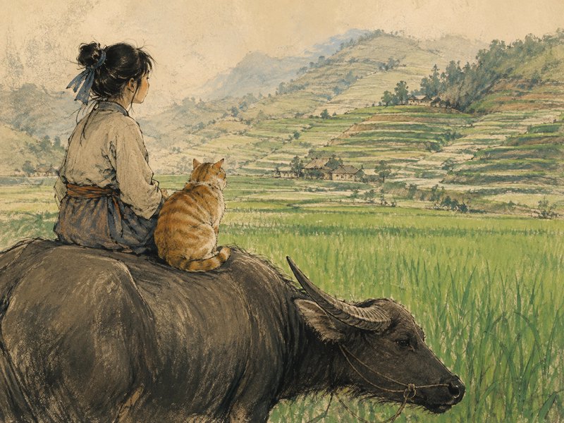 Watercolor illustration of a young village girl and orange tabby cat sitting on a water buffalo, overlooking terraced