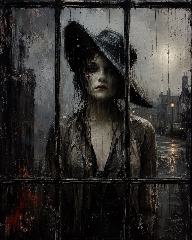 Somber gothic woman in a wide brim hat, viewed through rain-streaked old multi-pane window on a rainy Victorian street.