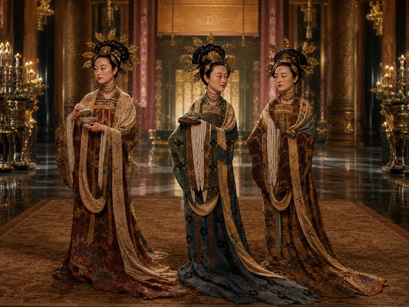 Three imperial Chinese court ladies in ornate golden headdresses stand in rich embroidered silk robes inside a gilded