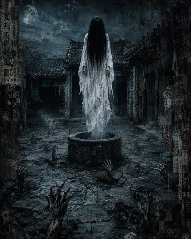 Long-haired female ghost in tattered white robe floats above a well, skeletal hands rise from a crumbling moonlit