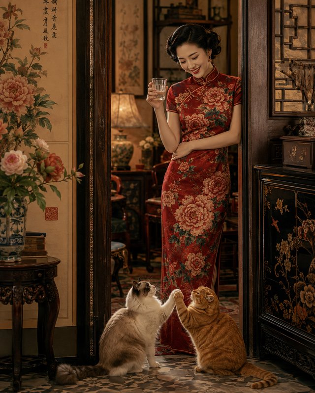 Woman in red floral qipao smiles down at ragdoll and orange tabby cats touching paws in a vintage Chinese home doorway.