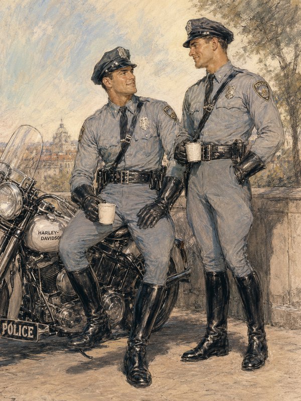 Vintage illustration of two motorcycle police officers taking a coffee break next to a Harley-Davidson patrol bike.