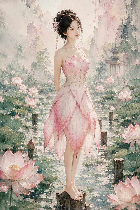 Ethereal young woman in a lotus petal gown stands on a wooden post in a misty blooming lotus pond, soft watercolor