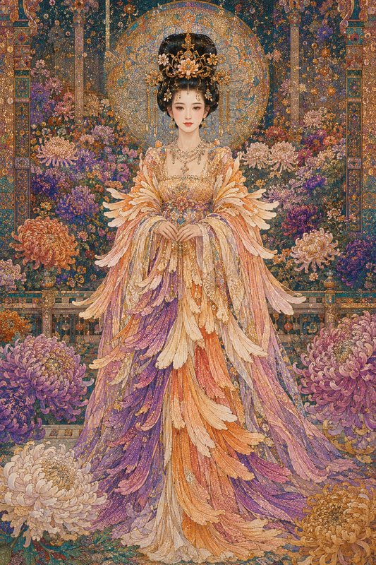 Intricate portrait of a regal East Asian empress in an elaborate feathered royal gown, surrounded by lush blooming